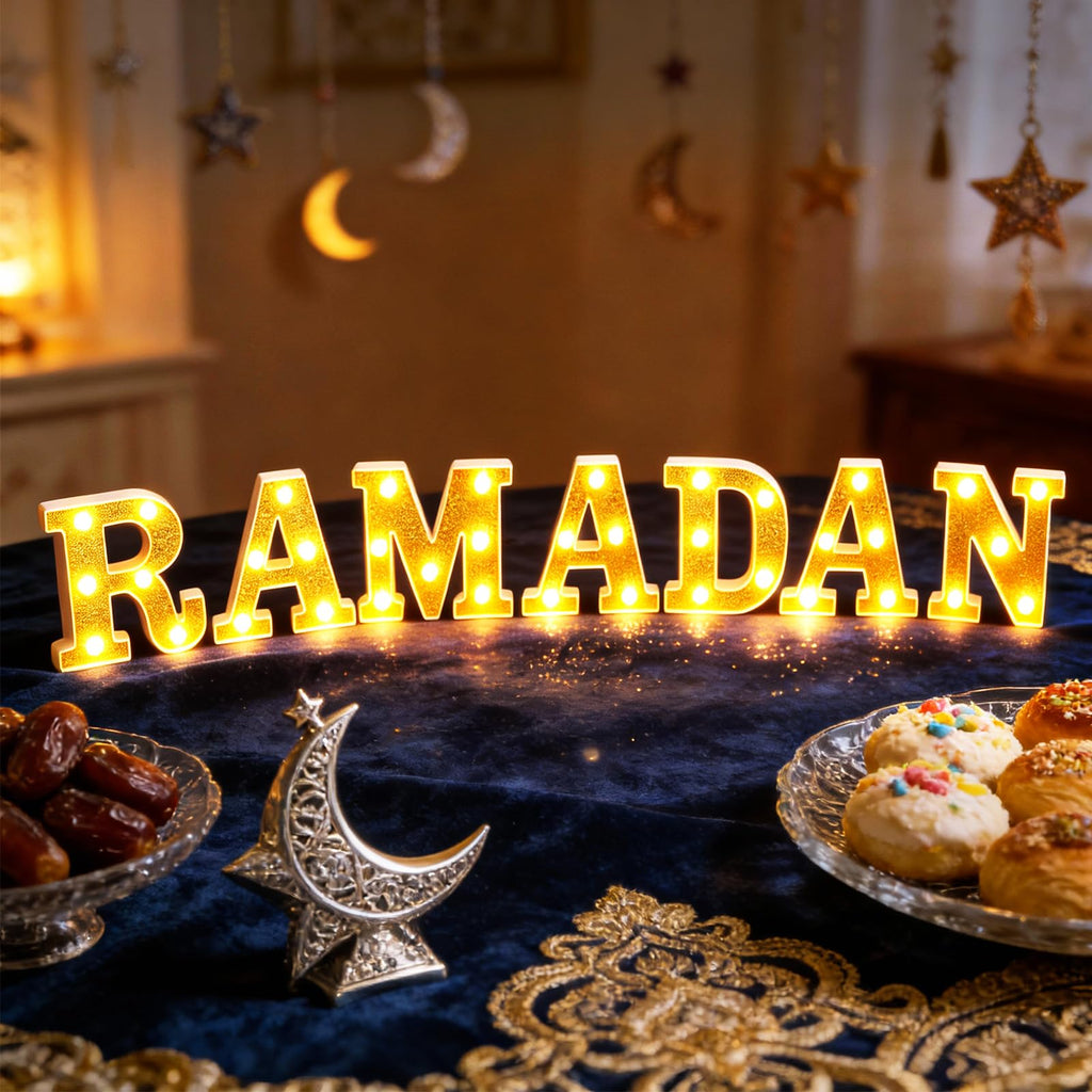Aurelema 7 Pcs Ramadan Decorations Ramadan Large LED Letter Sign Powered Battery Light Gold Powder Surface Hanging Decor for Party Decorations Indoor Outdoor
