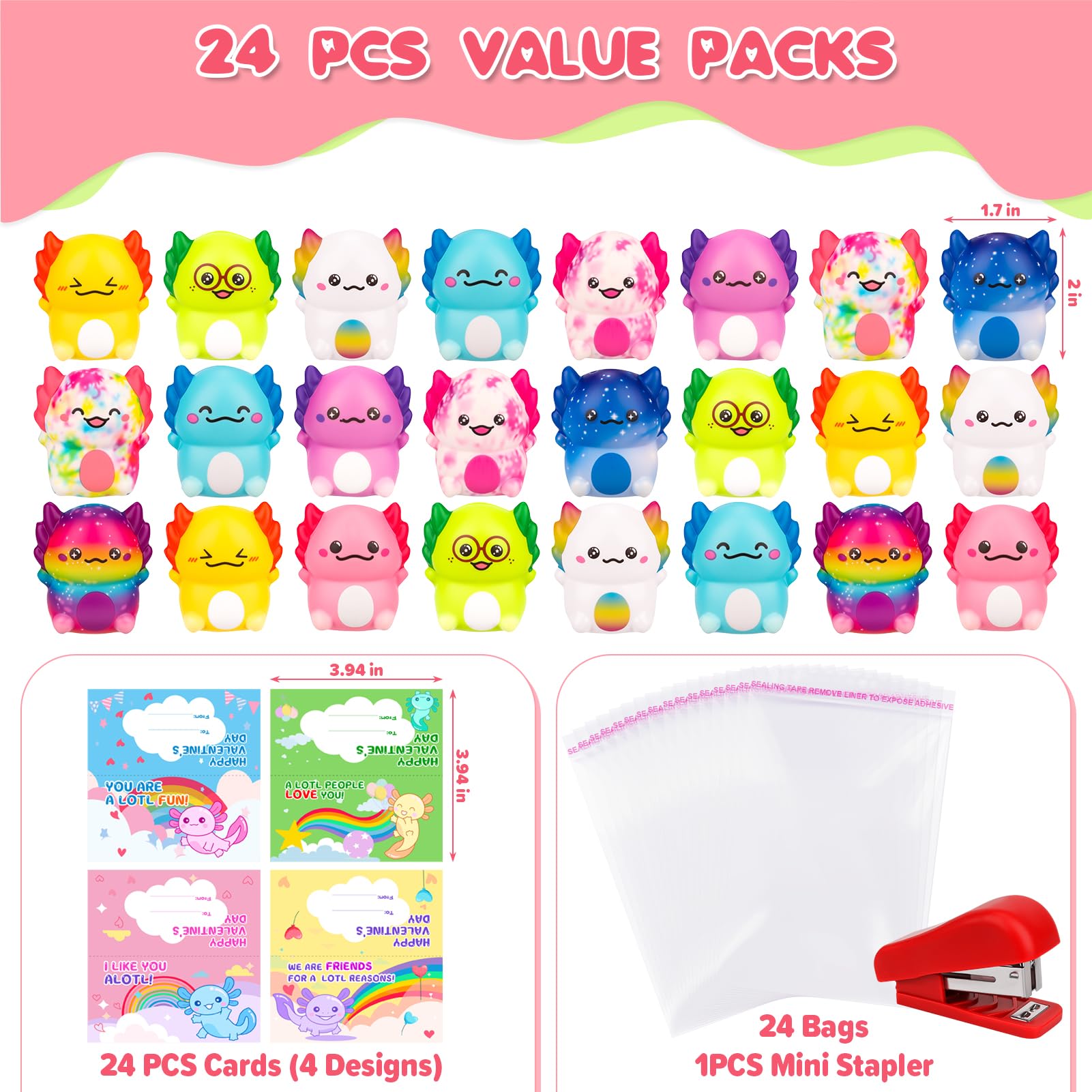 PAKSPAK Valentines Day Gifts for Kids, 24PCS Valentine's Day Cards for Kids Classroom with Axolotl Squishy Toys, Valentine Stress Relief Toys for Kid School Classroom Exchange Gift Party Prize
