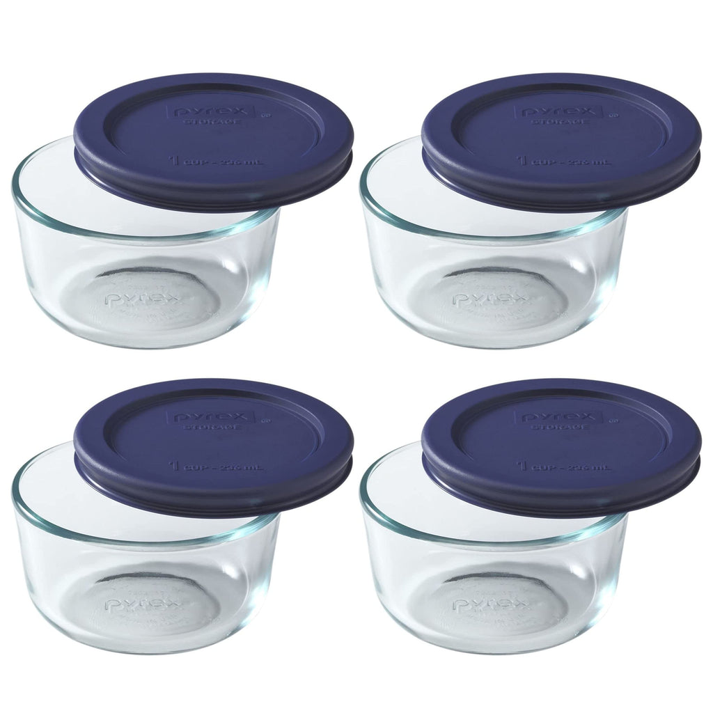 Pyrex 7202 1-Cup Glass Bowl & 7202-PC Dark Blue Lid (4-Pack) - Made in USA