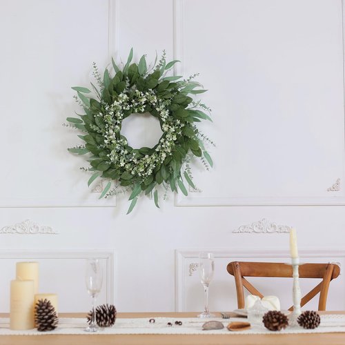 26'' Eucalyptus and Babys Breath Flowers Wreath for Front Door - Large Artificial Greenery Outdoor Wreath for Porch,Window,Farmhouse,Home,Hanging Decor- Spring, Summer, All Seasons (Green-White)