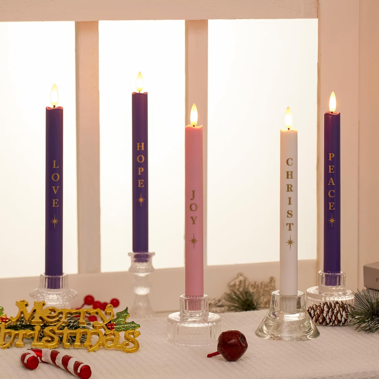 Stmarry Flameless Advent Candles - Realistic 3D Flames, Battery Operated | Set of 5, 10 Inch Tall with Remote Control