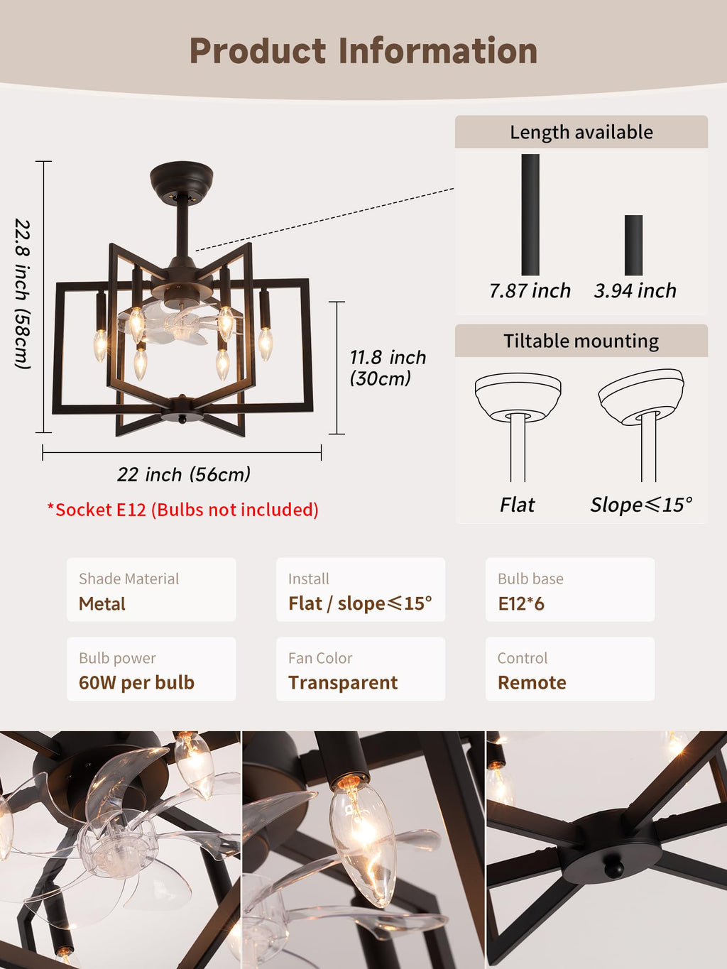 Jughtbo Black Chandelier Fan with，Farmhouse Rustic Ceiling Fan with Light and Remote, Adjustable Height, Rustic Chandeliers for Living Room, Bedroom, Hallway, Entryway Kitchen Lighting