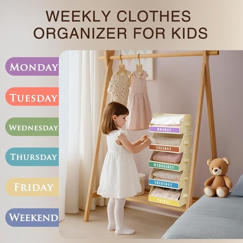 Homsorout Closet Organizers - 5-Tier Shelf Organizer with Labels & Stackable Bins | Beige Metal Frame