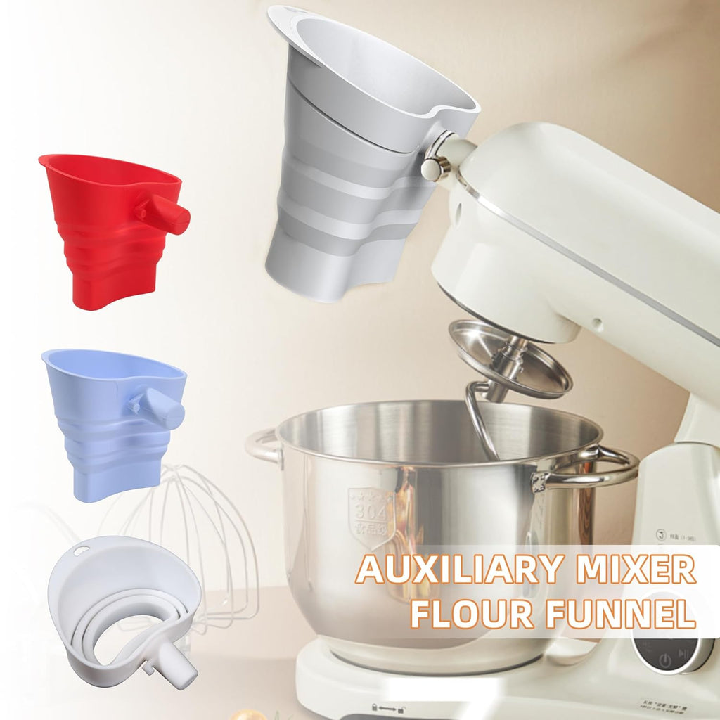 Skiennix Flour Funnel for KitchenAid Mixer - Easy Pour Silicone Kitchen Funnel | Dishwasher Safe (White)