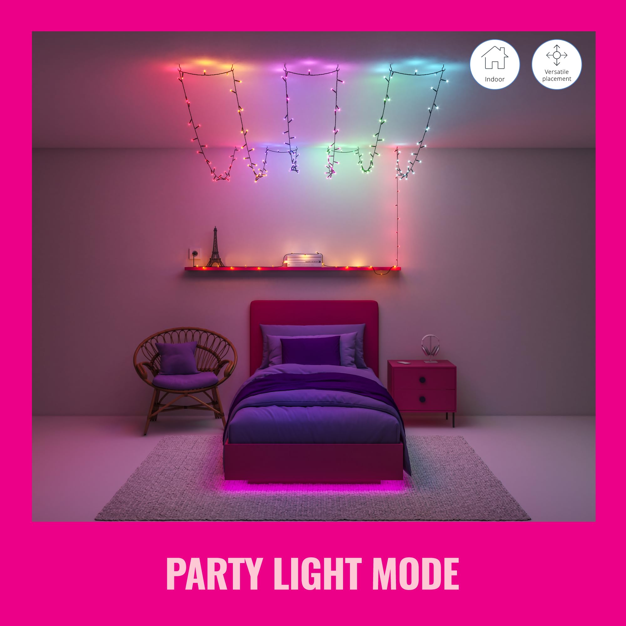 WiZ Connected Fairy Lights, 65.6ft RGB LED Smart Color-Changing, Static and Dynamic Modes, Music Sync, App and Voice Control