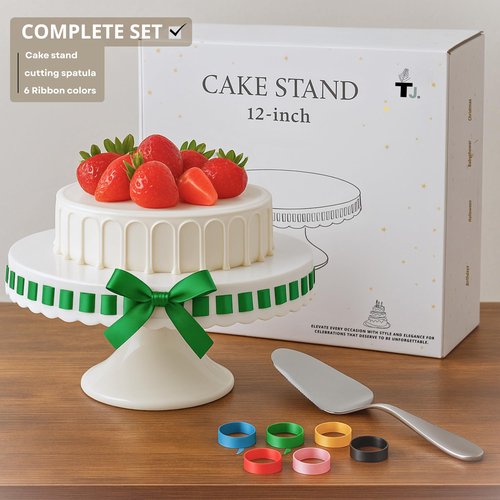 Ceramic Cake Stand, 12inch cake decoration supplies, Cake Pedestal Stand with 6 Ribbons, Cake Stands for Party or Birthday, White Cake Platter - Cake Display Stand for Wedding Reception, Pie Stand