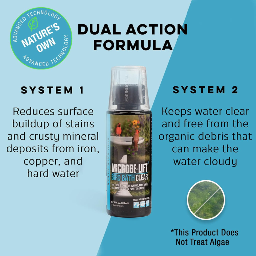 Microbe-Lift Bird Bath Cleaner - Two-in-One Natural Formula for Clear Water - 4 Oz - Safe for Birds, Fish & Frogs