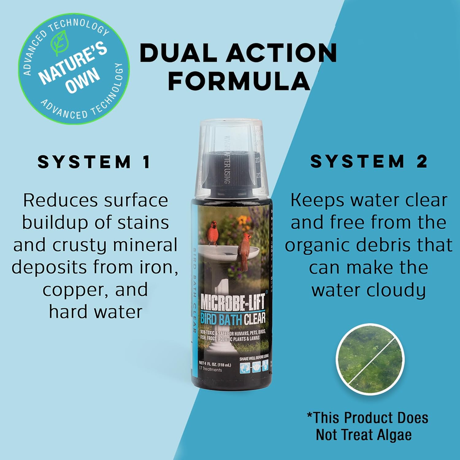 Microbe-Lift Bird Bath Cleaner - Two-in-One Natural Formula for Clear Water - 4 Oz - Safe for Birds, Fish & Frogs