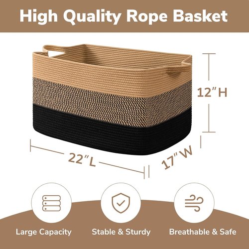 Goodpick Large Wicker Blanket Basket - 22" x 17" x 12" | Decorative Rope Laundry & Toy Storage for Living Room & Bedroom