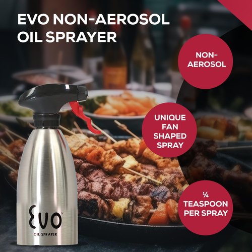 Evo Oil Sprayer - 18/8 Stainless Steel Non-Aerosol for Olive & Cooking Oils | 16-Ounce Capacity, Silver
