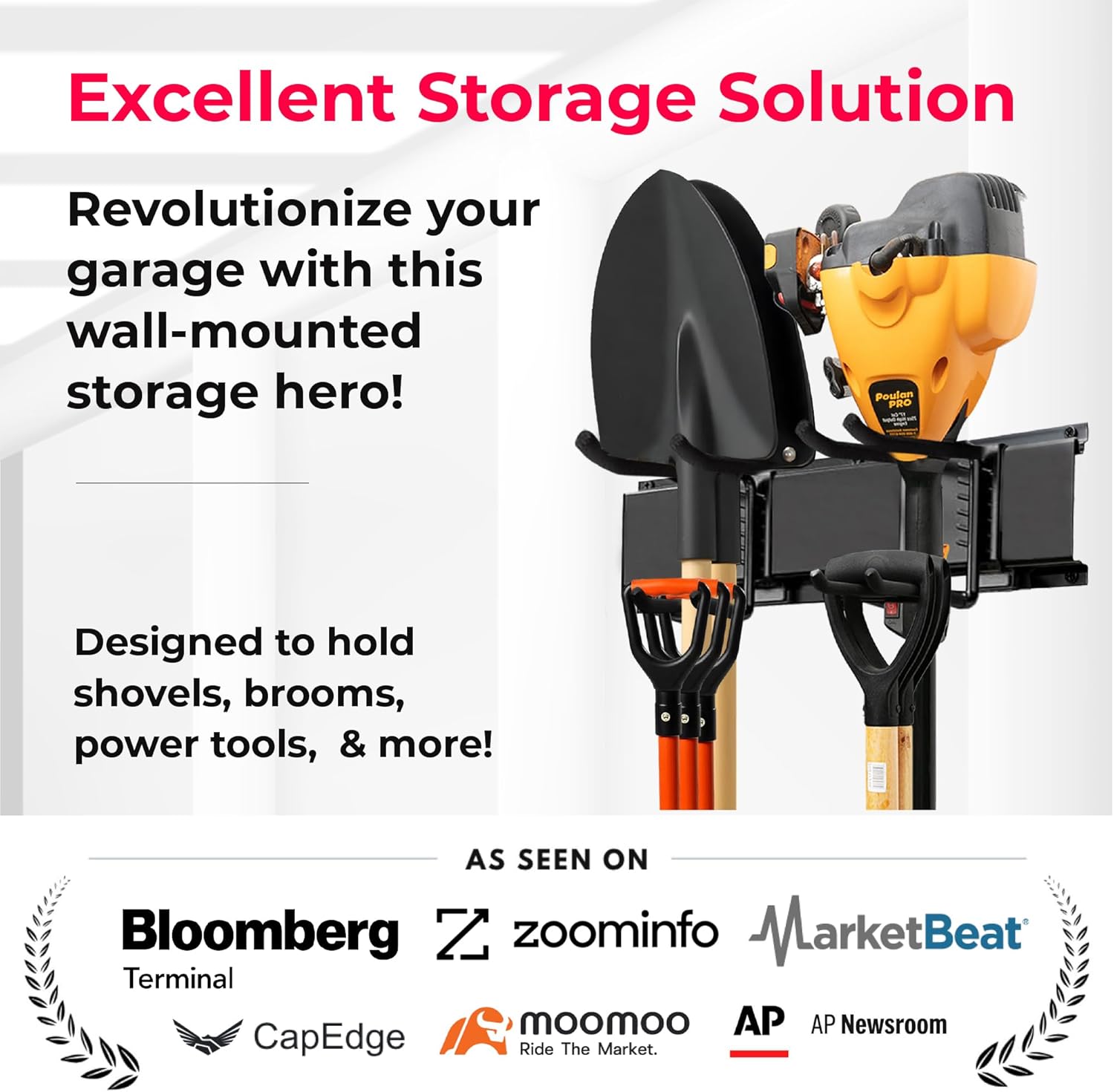 TIDYME Heavy-Duty Garage Wall Storage System - Wall-Mounted Tool Organizer Rack with 12-Piece Kit & Double-Layered Hooks