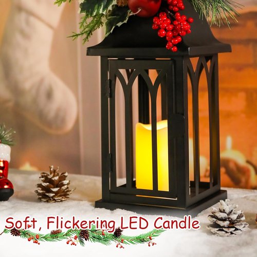 Bdor Christmas Lanterns - Set of 2 Black Decorative Candle Lanterns with LED Flameless Candle | 15" Tall Holiday Decor