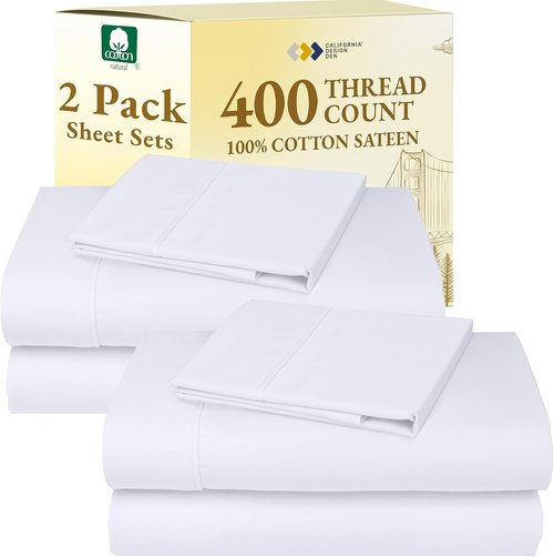California Design Den Twin Cotton Sheet Sets - 400 Thread Count Soft & Breathable - 2 Deep Pocket Bright White
