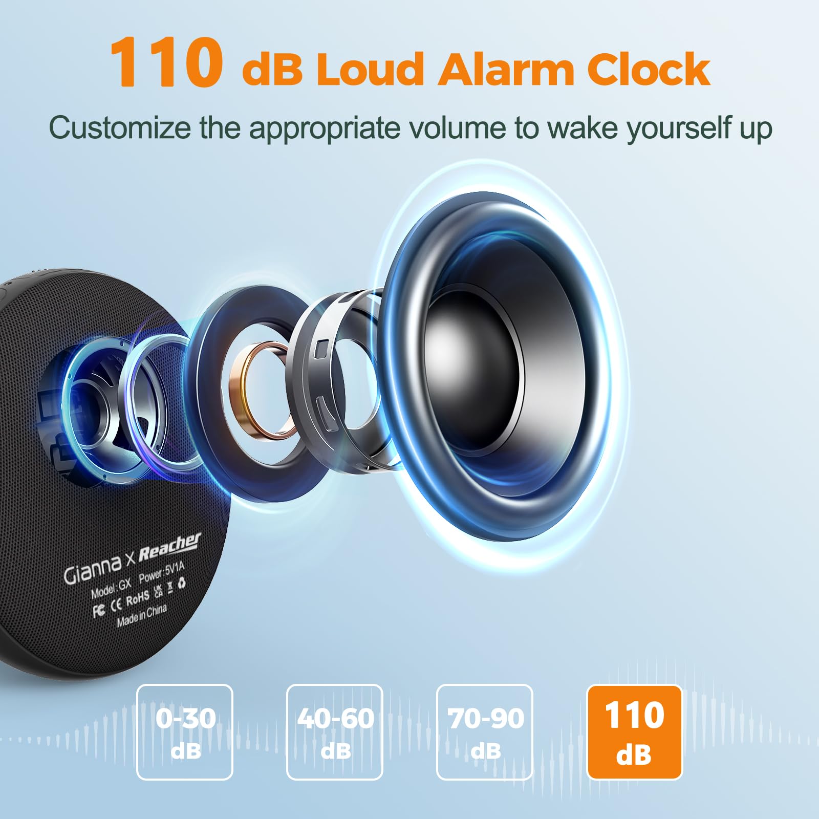 Gianna Alarm Clock for Heavy Sleepers - Vibrating Alarm Clock for Deaf, 110dB Extra Loud Alarm Clock with Bed Shaker, 3 Wake Modes, Auto Dimming, Rechargeable Portable Alarm Clock for Bedroom Travel