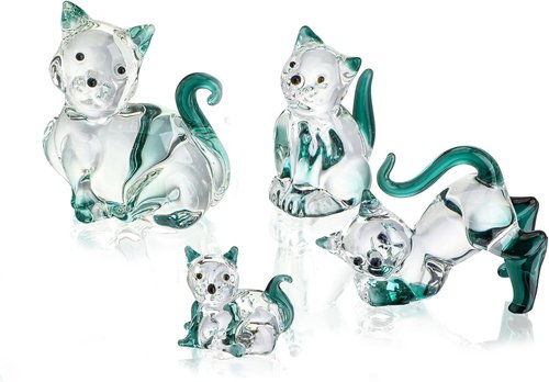 HDCRYSTALGIFTS Blown Glass Cat Figurines - 4-Pack Emerald Green Crystal Kittens for Home Decor & Gifts
