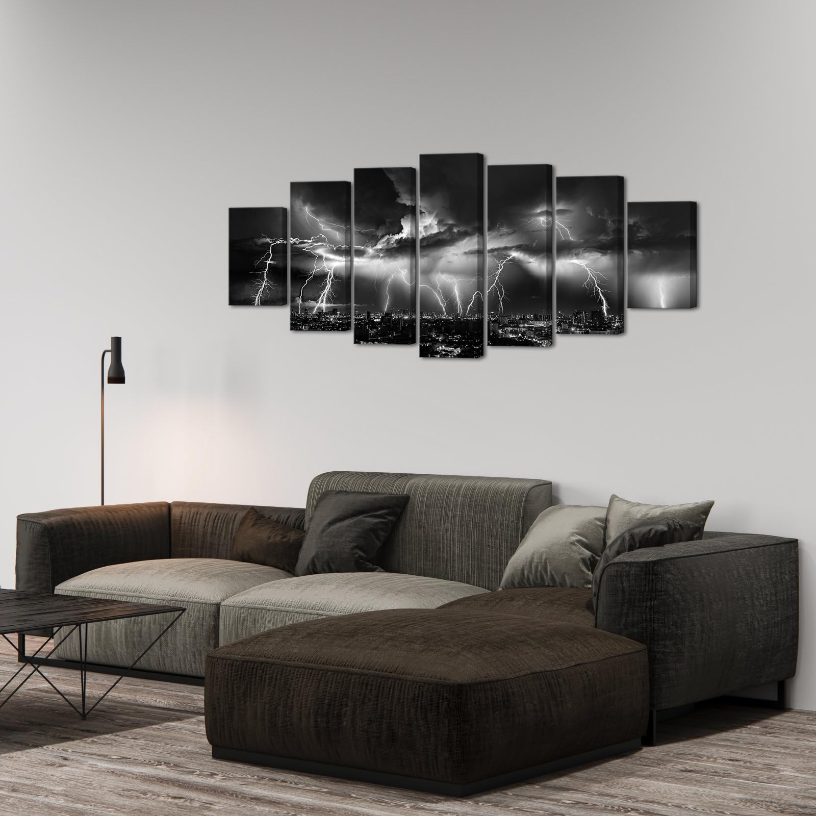 Biuteawal Large 7 Piece Black and White Wall Art Lightning Strikes Painting on Canvas Storm Cityscape Picture Print Nature and City Artwork for Home Office Bedroom Decoration