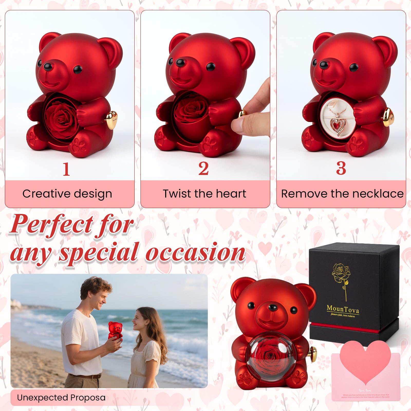mountova Romantic Teddy Bear with Preserved Rose, Real Rose in Elegant Gift Box with Necklace for Women, Bear Roses Gifts for Mother's Day,Weddings,Valentine's Day,Anniversary,Birthday, Red