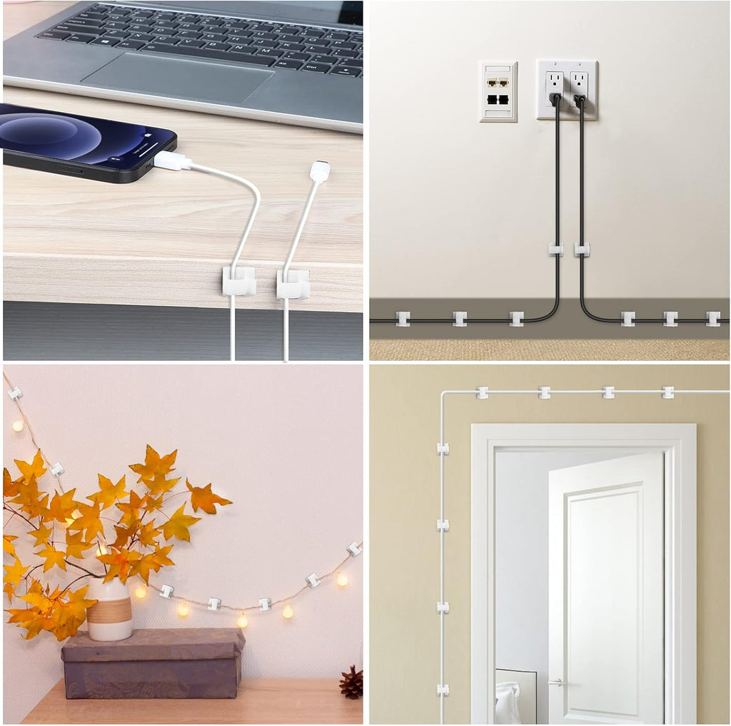 Skiennix Adhesive Cable Clips - 100 PCS White Wire Holders for Cord Management | Small & Large Sizes