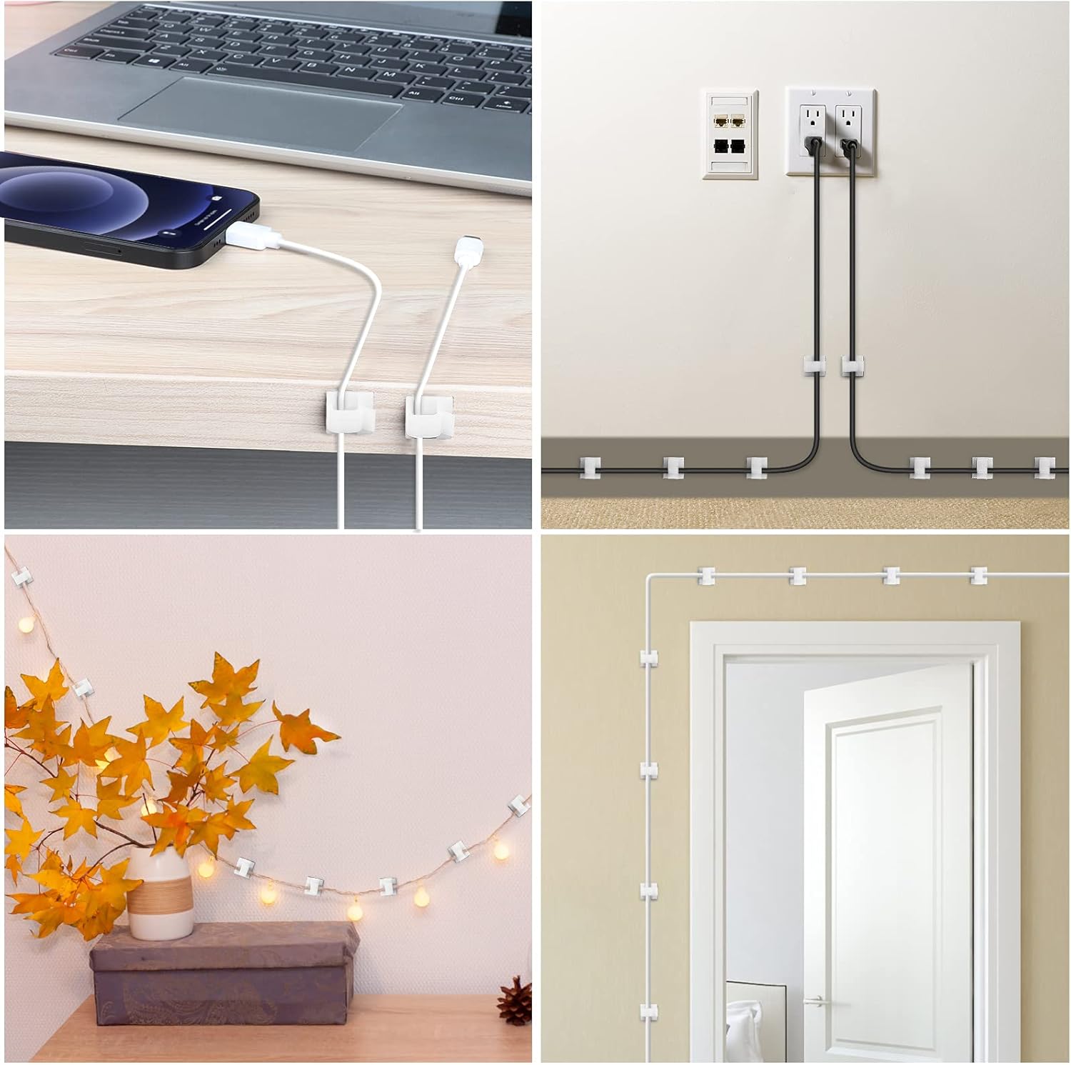 Skiennix Adhesive Cable Clips - 100 PCS White Wire Holders for Cord Management | Small & Large Sizes