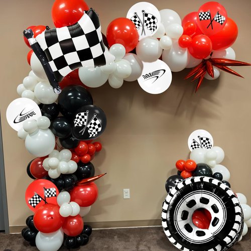 Race Car Balloons with Checkered Flag and Tire Balloons, Red Black White Latex Balloons for Men Boy First Birthday Racing Theme Party Decorations Baby Shower Backdrop Supplies