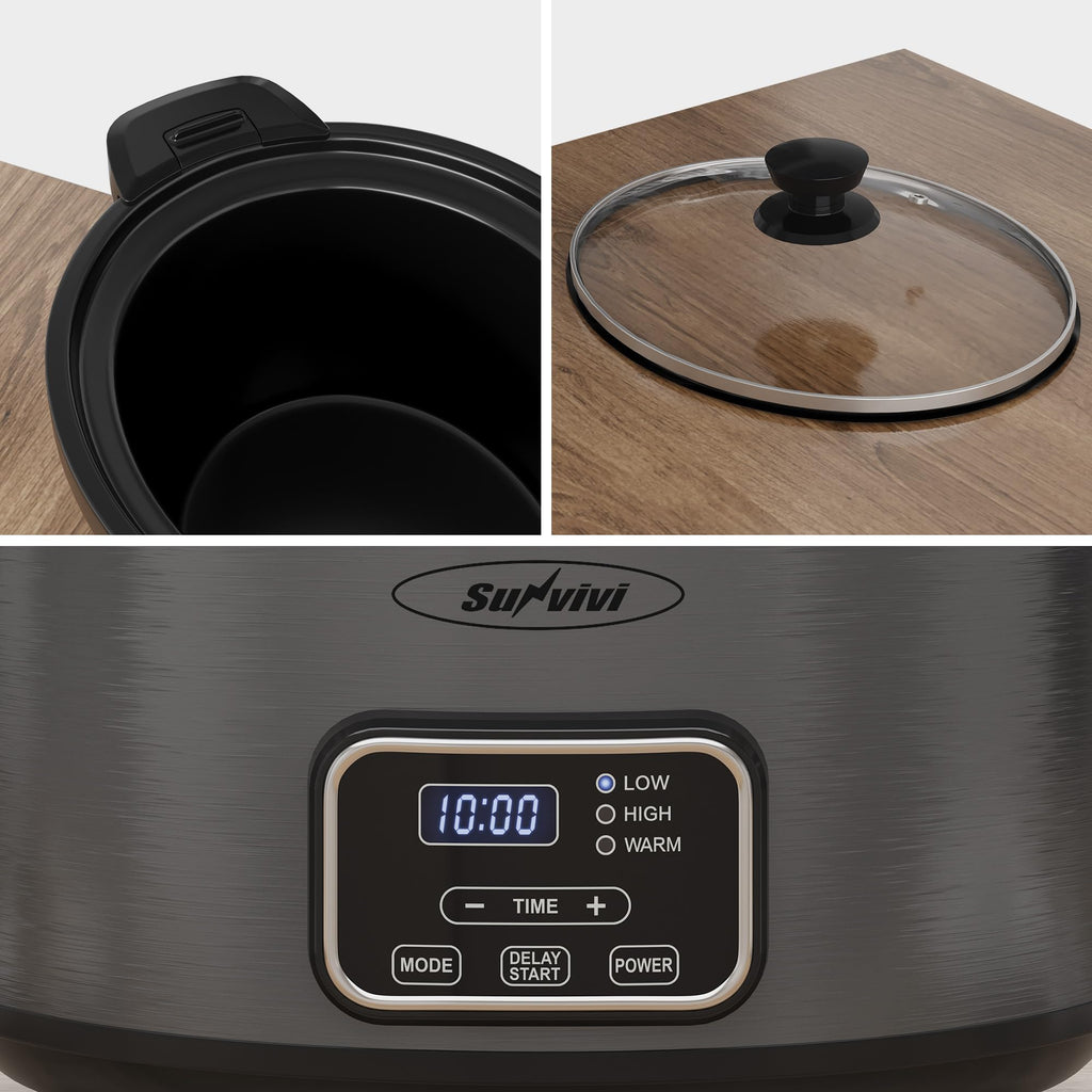 Sunvivi 4QT Programmable Slow Cooker with Locking Lid, Removable Ceramic Pot, 3 Heating Settings & Timer, Dishwasher-Safe, Dark Grey