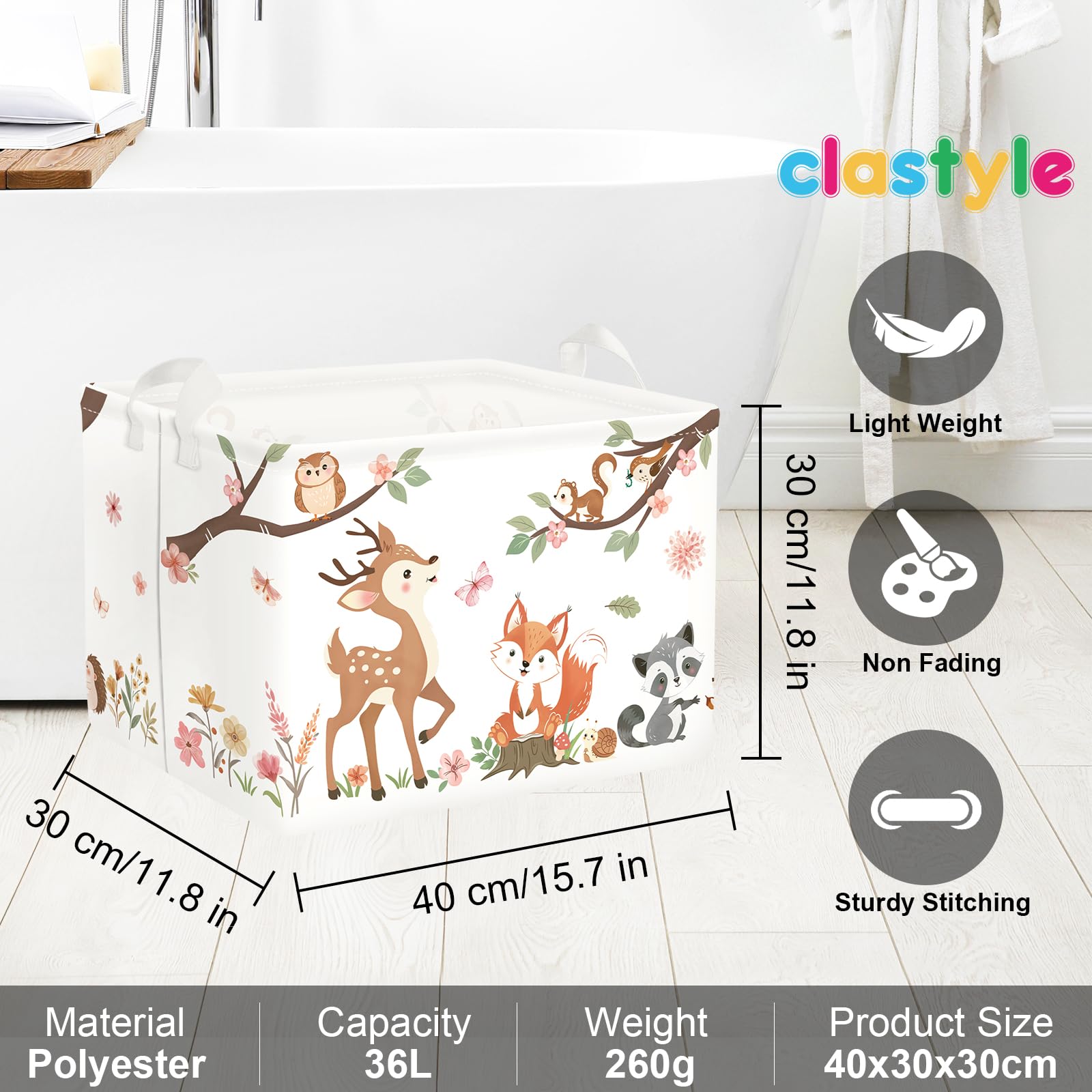 Clastyle Forest Animal Baby Storage Basket Leaf Kid Laundry Hamper Boy Girl Gift Toy Box Collapsible Clothes Organizer Nursery Bin for Bedroom, Pink Deer, 40x30x30 cm