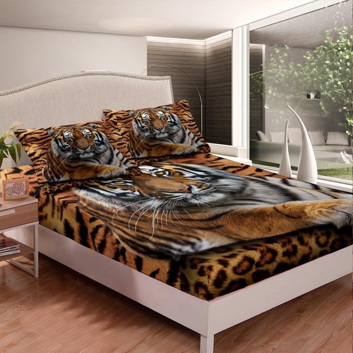 Manfei Tiger 3D Print Fitted Sheet Twin Size Wild Animals Bedding Set 2pcs for Kids Teens Room Decor,Animal Fur Bed Cover Soft Breathable Bed Sheet Set with 1 Pillowcase