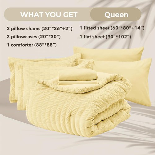 HYMOKEGE Queen Comforter Set - Luxury 7-Piece Seersucker Bedding Set for All Seasons | Yellow