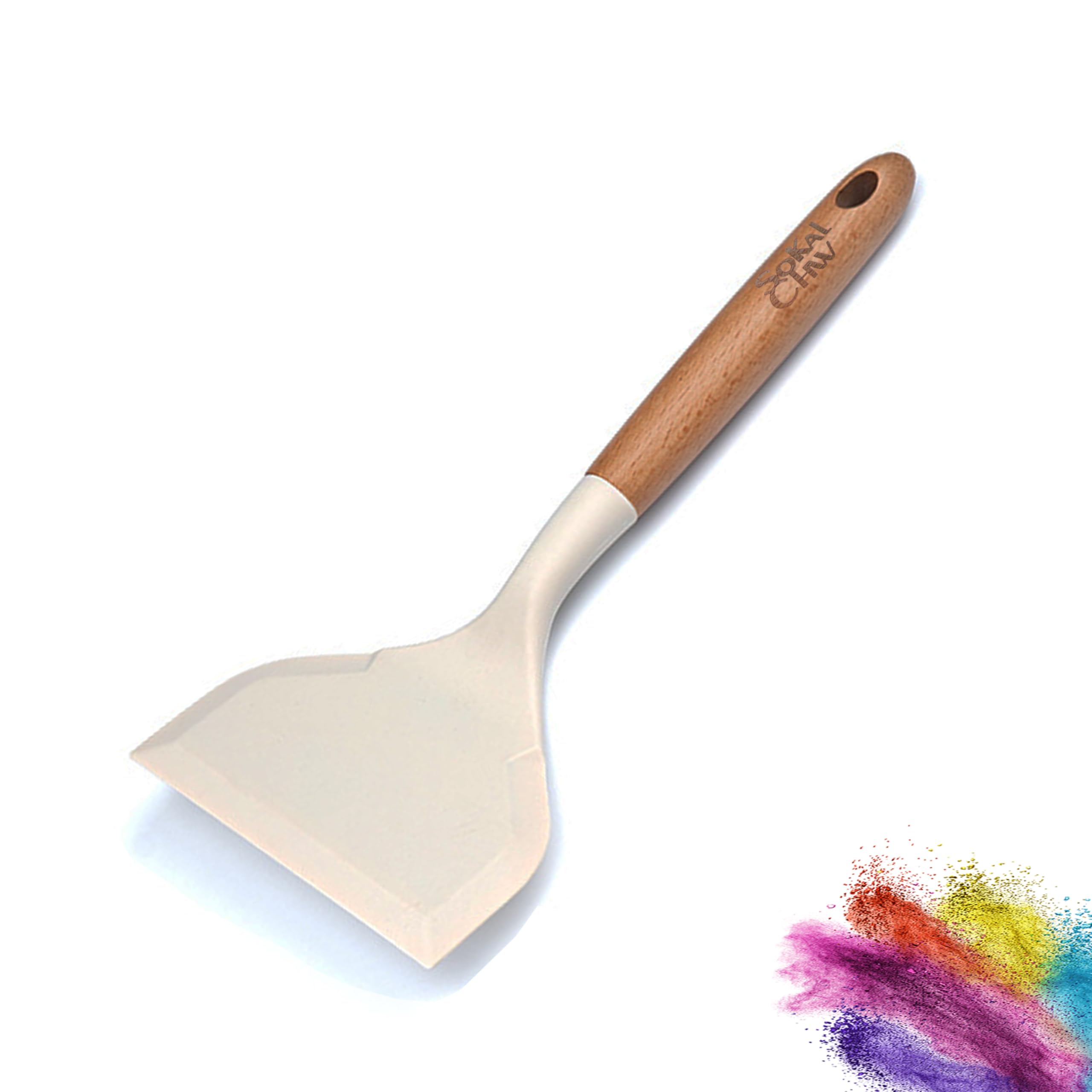 SoKalChw Wide silicone spatula tamagoyaki shovel turner for Omelette pan pancakes, eggs, fish, steak and pizza, Nonstick cookware, Wooden handle (White)