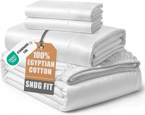 100% Egyptian Cotton Sheets King Size - Ultra-Soft & Breathable 4-Piece Set with Deep Pockets | Luxurious White Sateen Weave