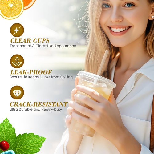 Ginkgo 20oz Clear Plastic Iced Coffee Cups - 100-Pack, Leak-Proof & Sturdy with Lids and Straws