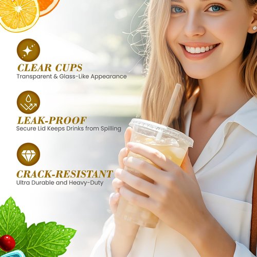Ginkgo 100-Pack 20oz Clear Plastic Iced Coffee Cups with Lids and Straws, Leak-Proof & Sturdy Disposable To Go Cups for Smoothies, Milkshake, Cold Beverages, Coffee Bar Accessories