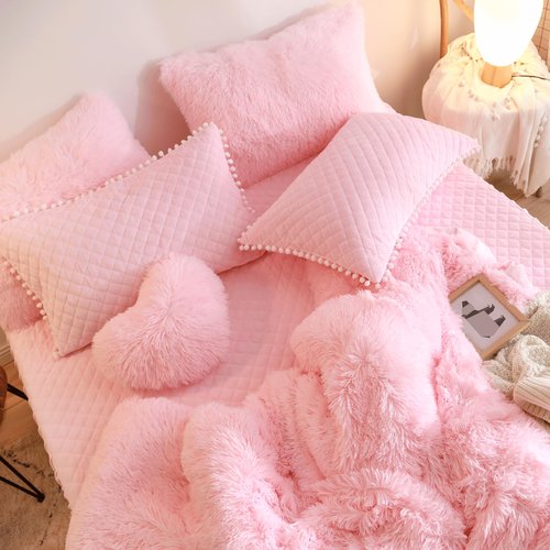 HAIHUA Pink Fluffy Comforter Set， Fluffy Plush Shaggy Duvet Cover 1 Pieces Set (1 Faux Fur Duvet Cover) Velvet Pink Bedding Twin Bed Set,Zipper Closure (Pink, Twin)