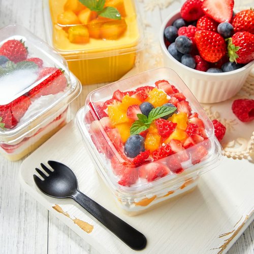 TOFLEN 100Ct 8 oz Square Plastic Dessert Cups with Lids and Sporks, Clear Plastic Yogurt Parfait Cups Cake Cup for Mousse, Fruit, Banana Pudding Cup