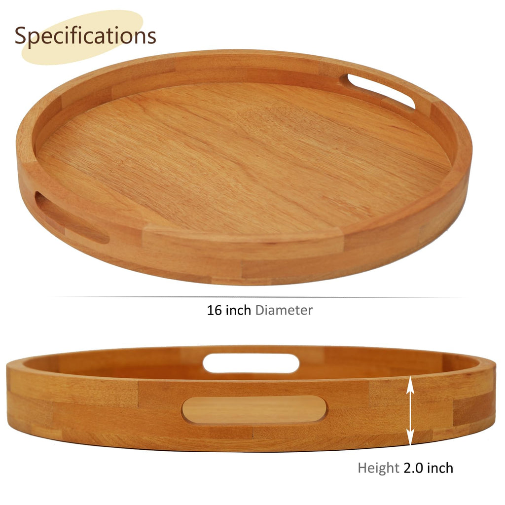 MAGIGO 16 Inches Extra Large Round Teak Wood Ottoman Tray with Handles, Serve Tea, Coffee Classic Wooden Decorative Serving Tray