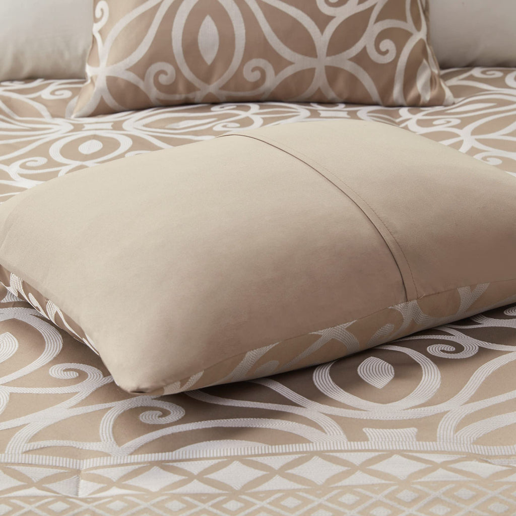 Madison Park Carina Cozy Comforter Set Luxe Jacquard Medallion Design with Embroidery and Pleated Details, All Season Bedding with Matching Shams, Decorative Pillow, Queen, Taupe 7 Piece