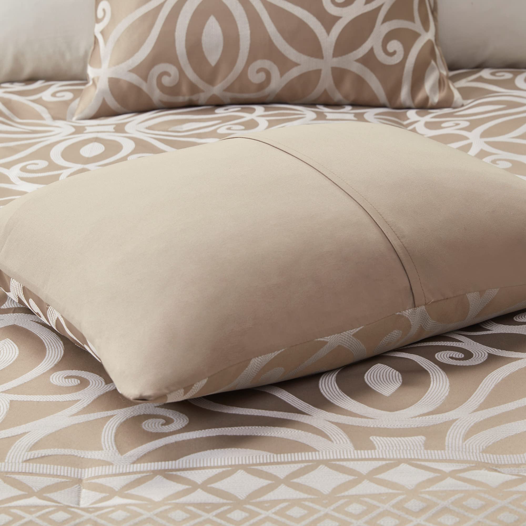 Madison Park Carina Cozy Comforter Set Luxe Jacquard Medallion Design with Embroidery and Pleated Details, All Season Bedding with Matching Shams, Decorative Pillow, Queen, Taupe 7 Piece