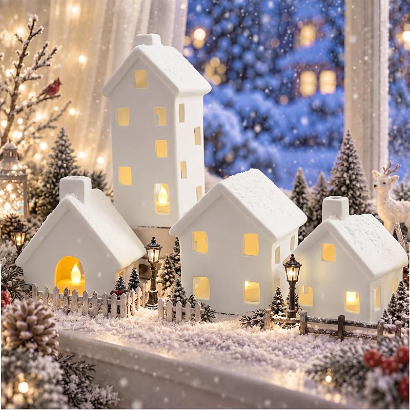 Ceramic Christmas Village Houses Set, 4 Piece Mantel Display