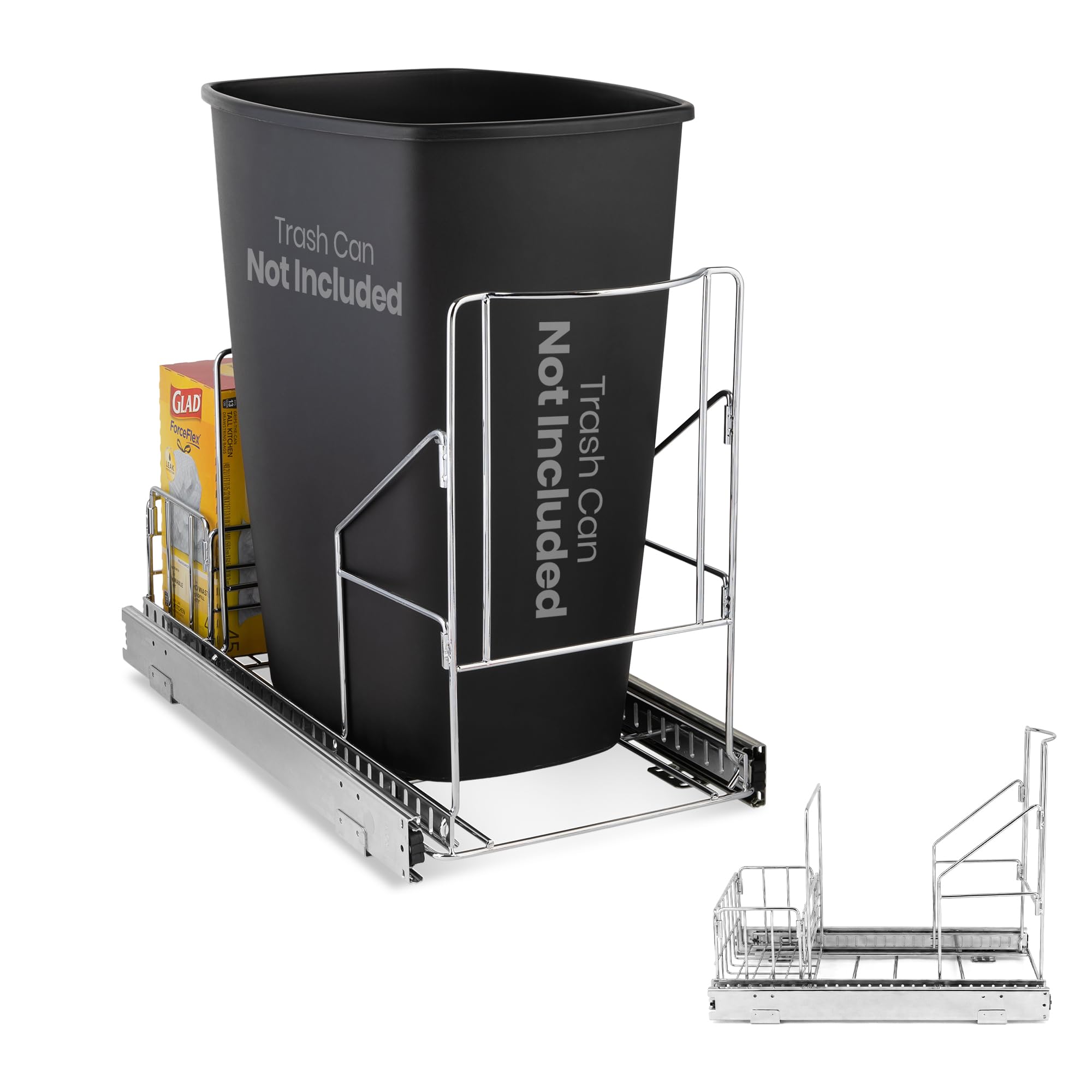 HOLDN’ STORAGE Pull Out Trash Can Under Cabinet - Trash Can Not Included - Dedicated Space for Disposable Trash Bags, Requires a 11” Cabinet Opening, Adjustable, Heavy Duty, Anti Rust Chrome Finish