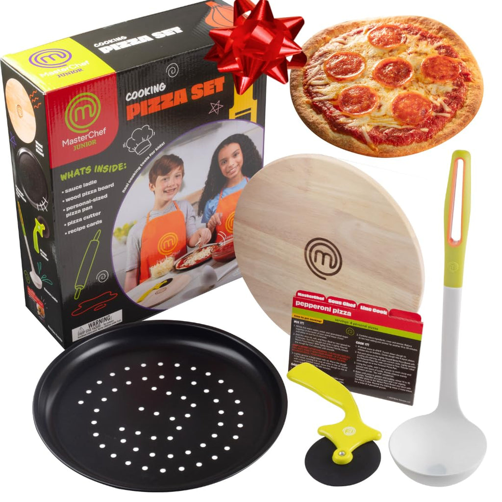 MasterChef Junior Pizza Cooking Set - 5 Pc Kit Includes Real Cookware for Kids w Recipes, Board, Roller - Make Homemade Pizza, Birthday Holiday Gifts