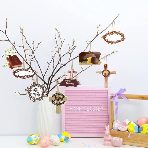 24 Piece Easter Day Hanging Ornaments - He Is Risen Wooden Signs & Jesus Cross Decor