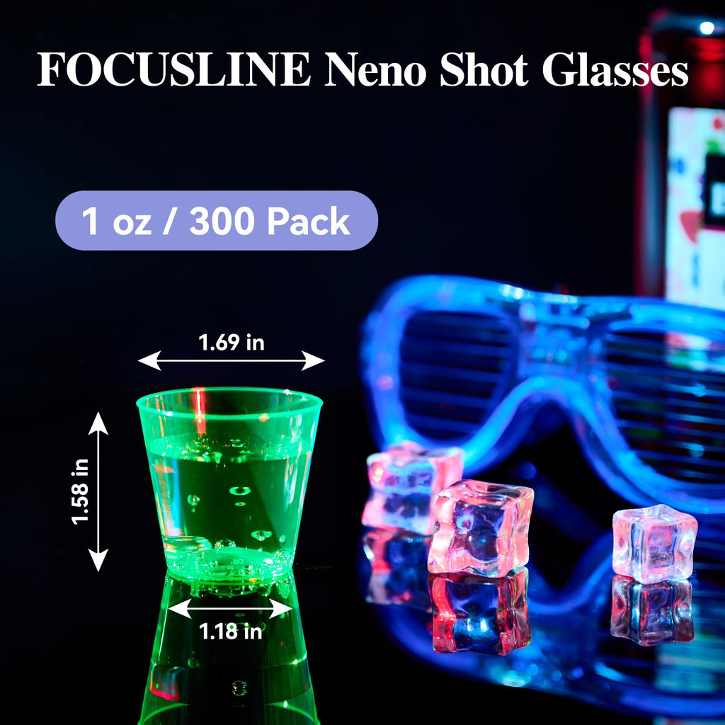 300Pack 1 Oz Plastic Shot Glasses Set, Neon Party Mini Shot Glasses Bulk, Durable and Reusable, Small Disposable Plastic Cups for Vodka, Whiskey, and More