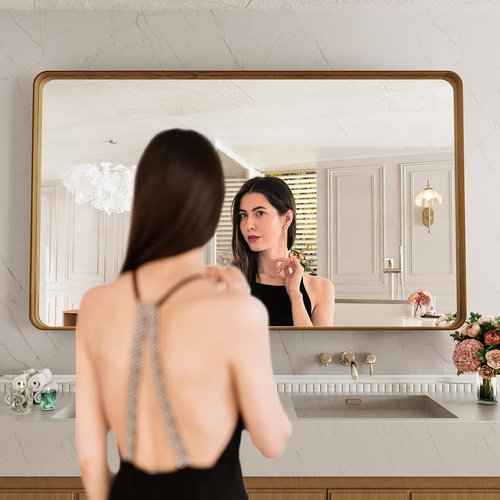 LOAAO Bathroom Mirror - 60x28 Inch Rounded Rectangle with Wood Grain Metal Frame | Anti-Rust, Versatile Hanging Options