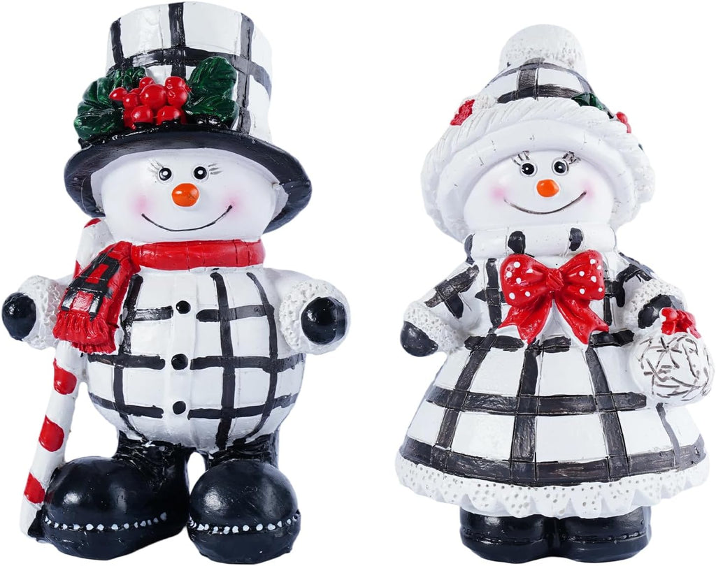 Snowman Figurines Set of 2 - Black and White Plaid Indoor Christmas Decorations | Winter Home Decor