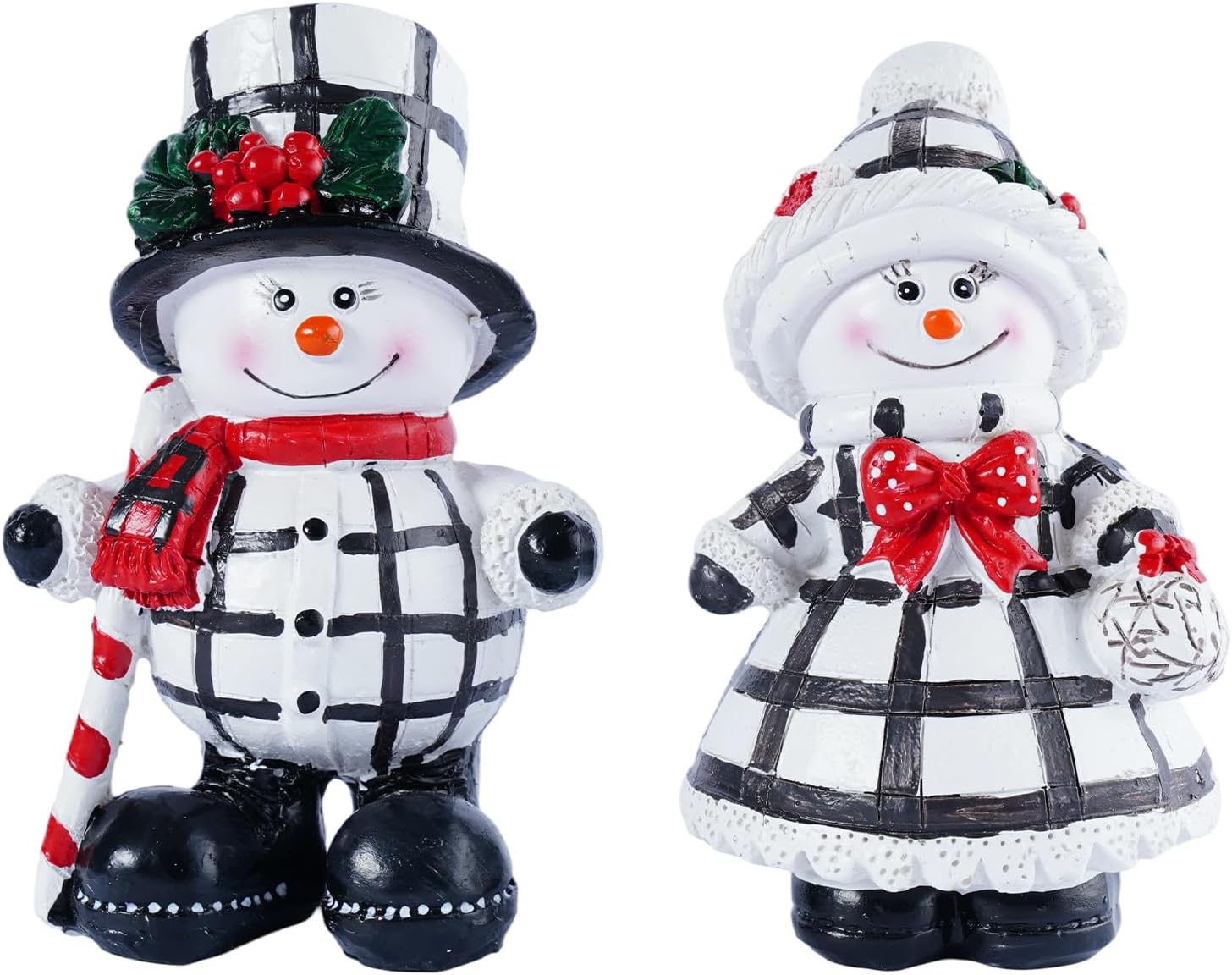 Snowman Figurines Set of 2 - Black and White Plaid Indoor Christmas Decorations | Winter Home Decor