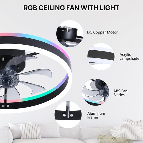 ORITHAM RGB Ceiling Fans with Lights, 20" Fandelier Low Profile Ceiling Fan with Light, Modern Flush Mount Ceiling Fan Light with Remote/APP Control, Bedroom Chandelier Fan Fixture for Indoor(Black)