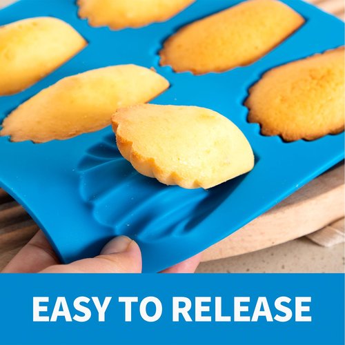 BIGOWL 4 Pack Madeleine Pans for Baking, 6 Cavity Shell Shape Baking Mold Nonstick Cookie Cake Pan for Oven (Blue)