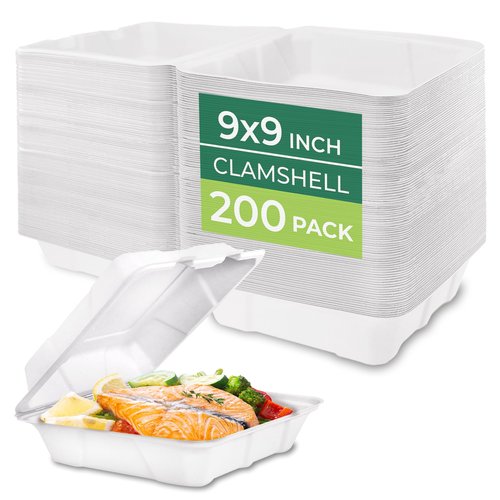 Freshware Clamshell Take Out Food Containers with Lids [9x9 200-Pack] Disposable To Go Containers, Biodegradable Sugarcane To Go Boxes - Paper Food Container - Microwave & Freezer Safe, Stackable