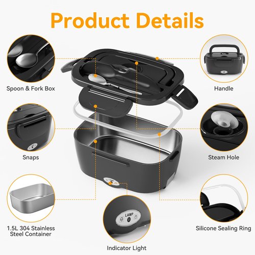 Vingud Electric Lunch Box for Adults, Heated Lunch Box Food Warmer, 80W Portable Heating Lunchbox for Men/Car/Truck with 1.5L Stainless Steel Container, 12V/24V/110V Lonchera Eléctrica Portátil Gift