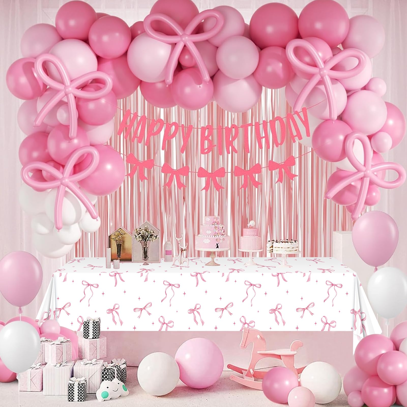 KEASKELL 3Pcs Coquette Party Tablecloths Decorations,Pink Bow Plastic Table Cover Disposable Rectangle Table Cloth for Girls Birthday Bridal Wedding Party Supplies,54x108 Inch